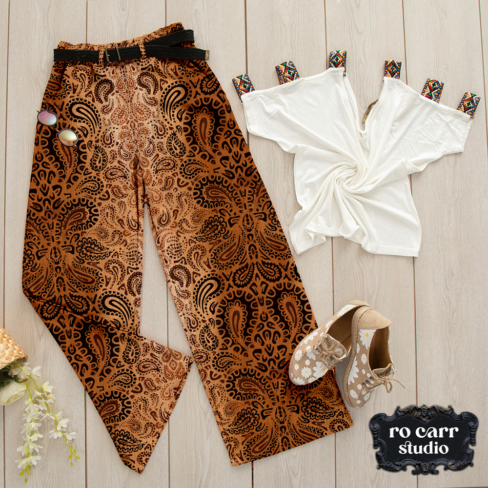Leopard paisley patterned fabric used for ladies trousers.