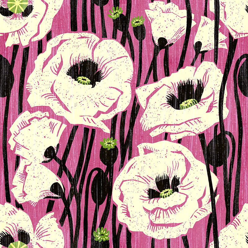 Bold floral featuring white poppies with pink centers on a vibrant pink background.