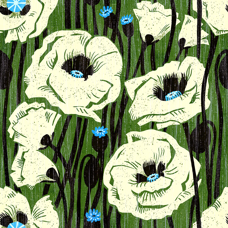 Bold floral featuring white poppies with pink centers on a forest green background.