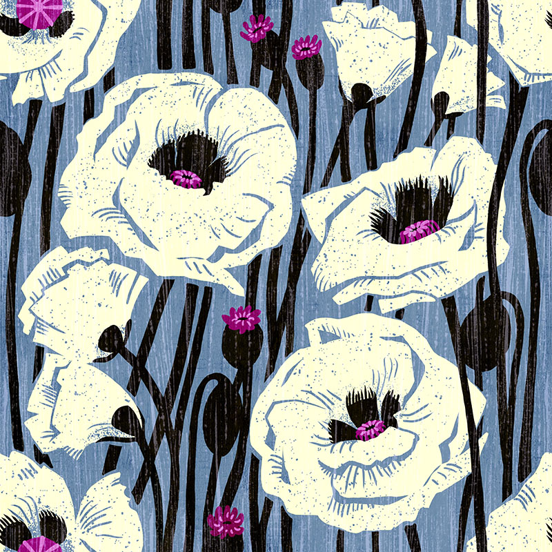 Bold floral featuring white poppies with pink centers on a periwinkle blue background.