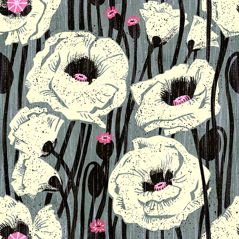 Bold floral featuring white poppies with pink centers on a steel gray background.