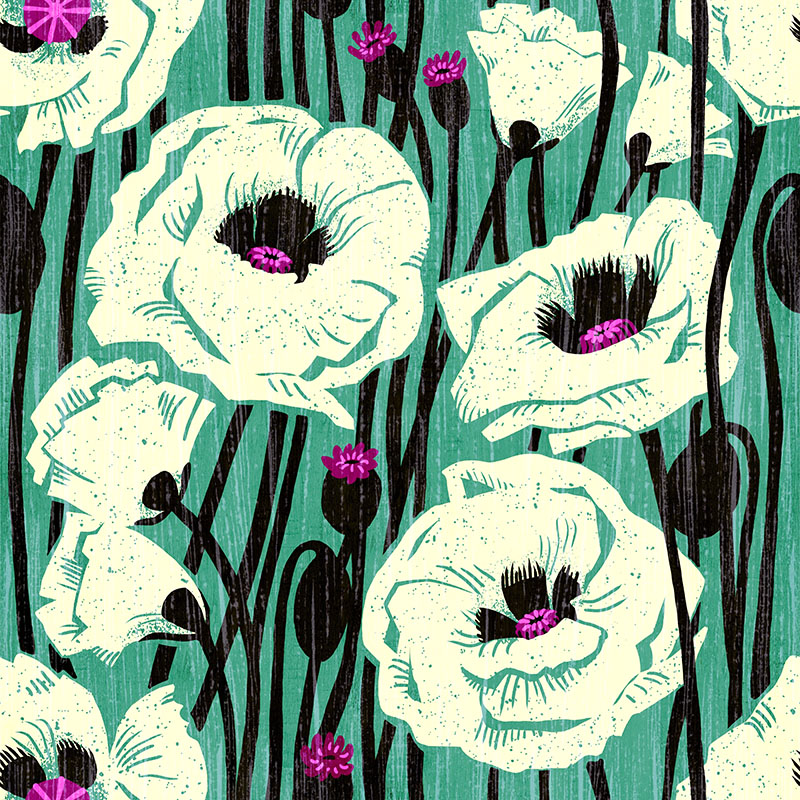 Bold floral featuring white poppies with pink centers on a vibrant teal background.