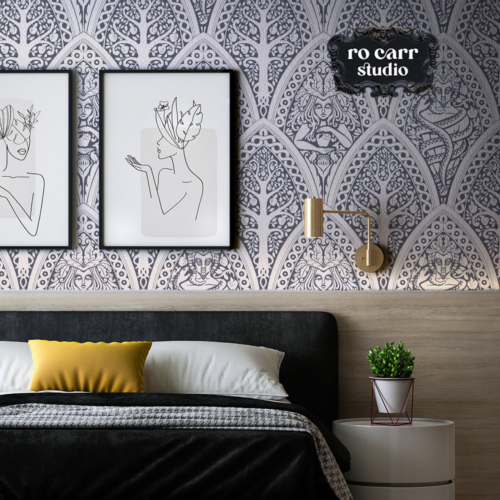 Bed room displaying A Gothic Love Story as wallpaper.