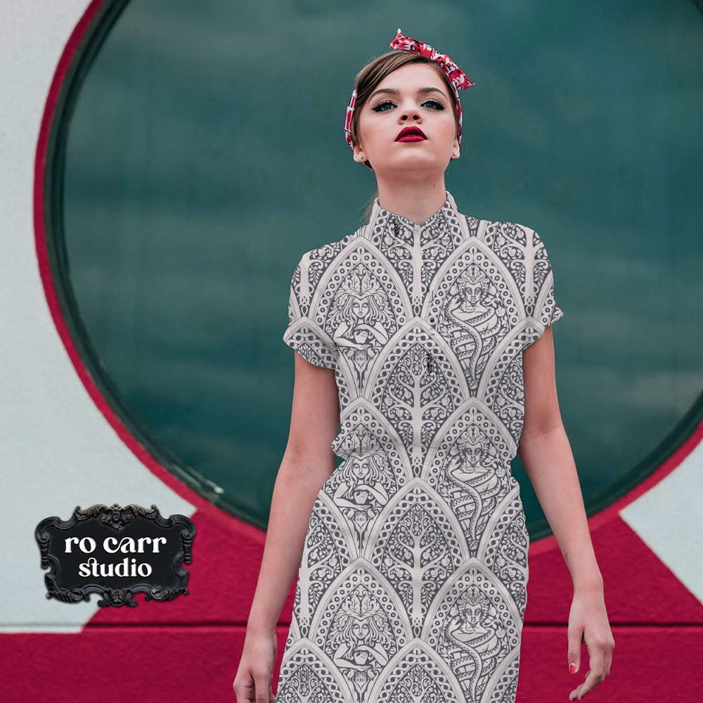 Mockup of woman wearing a dress printed with A Gothic Love Story pattern.