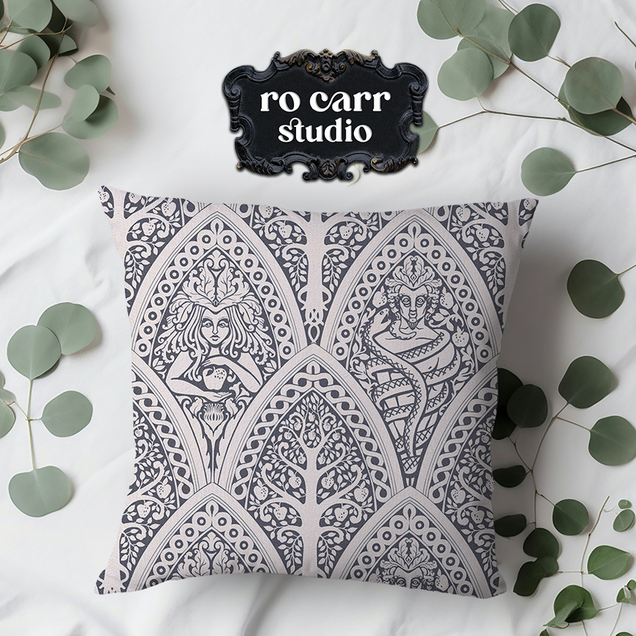 A Gothic Love Story pattern printed on a throw pillow.