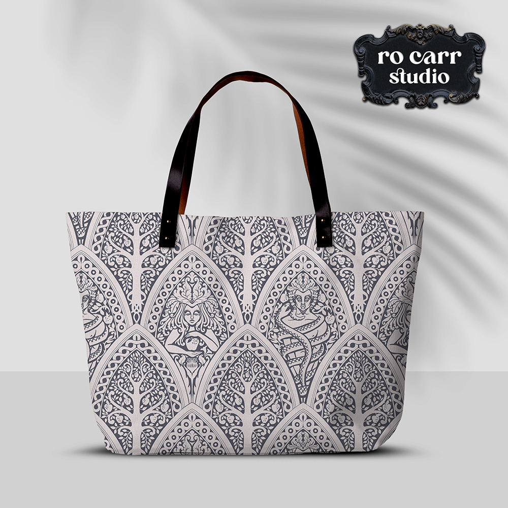 A Gothic Love Story pattern printed on a tote bag.