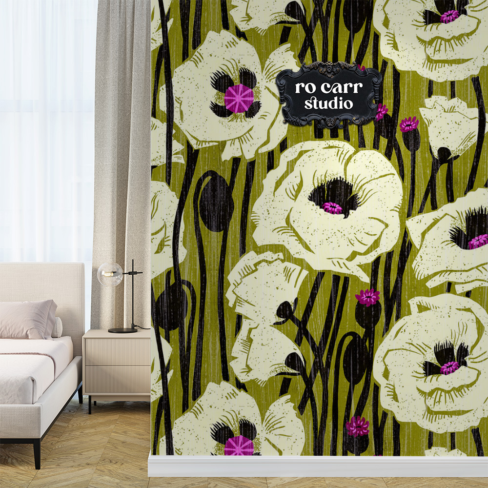Poppin' Poppies pattern shown as wallpaper on a bedroom wall.