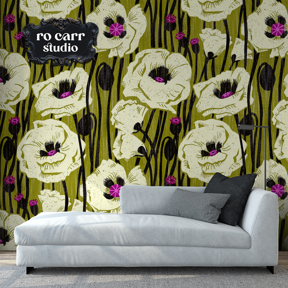 Poppin' Poppies pattern shown as wallpaper behind a modern chaise lounge.