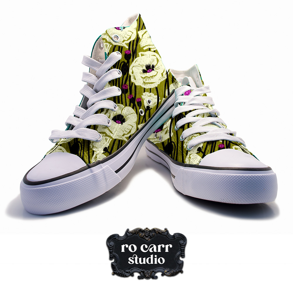High top sneakers printed with Poppin' Poppies in Olive.