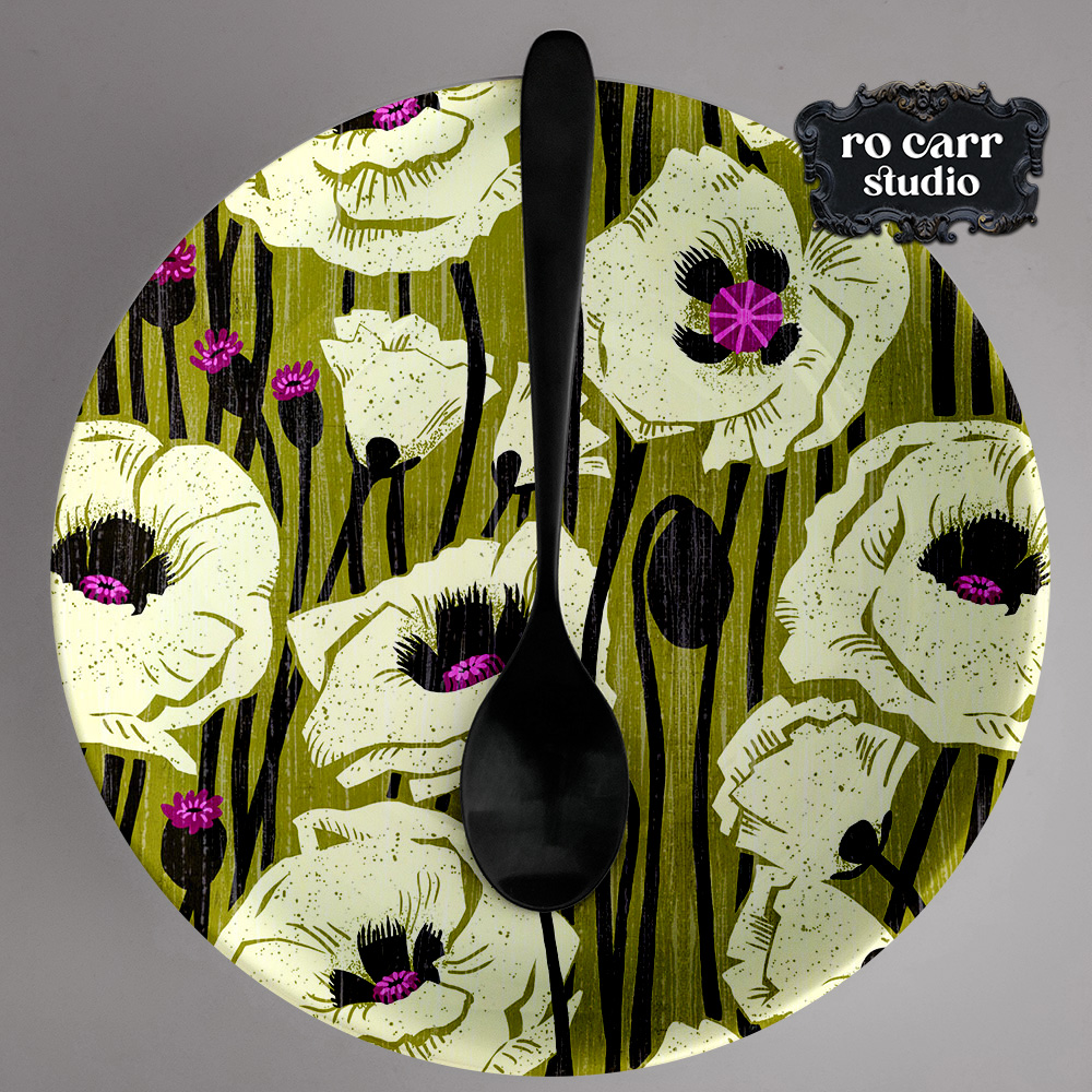 Poppy pattern printed on a dinner plate.