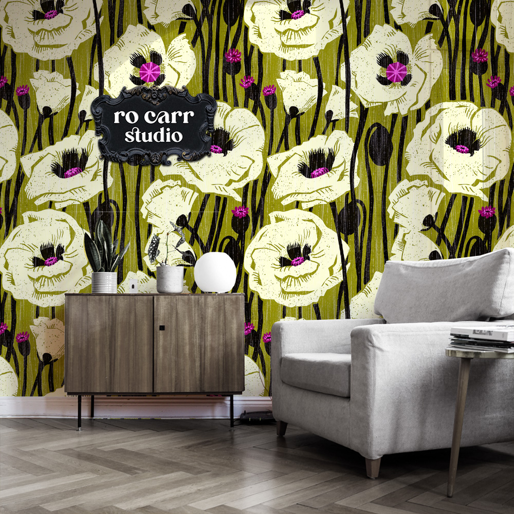 Poppin' Poppies pattern shown as wallpaper in a living room.