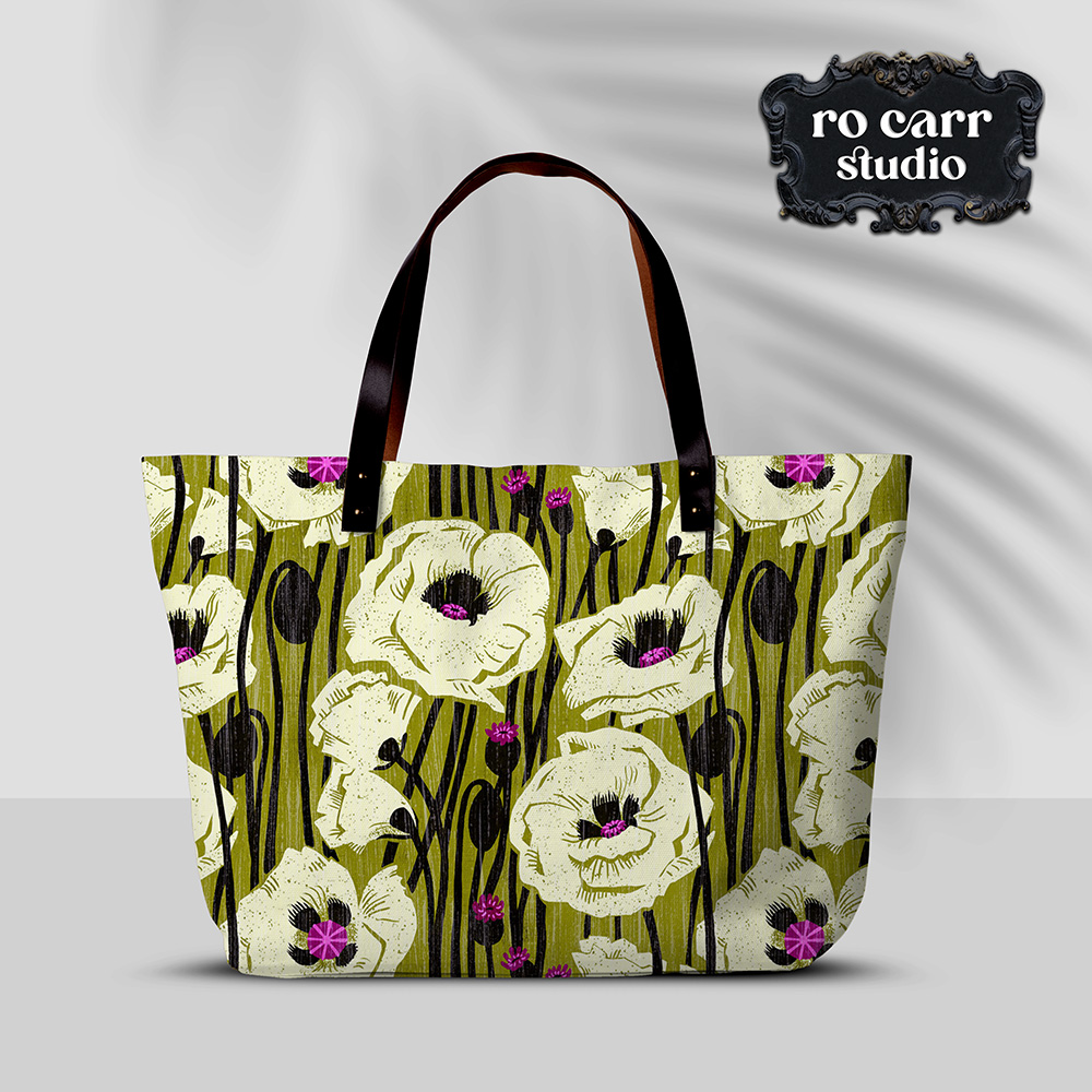 Poppin' Poppies pattern shown printed on a tote bag.
