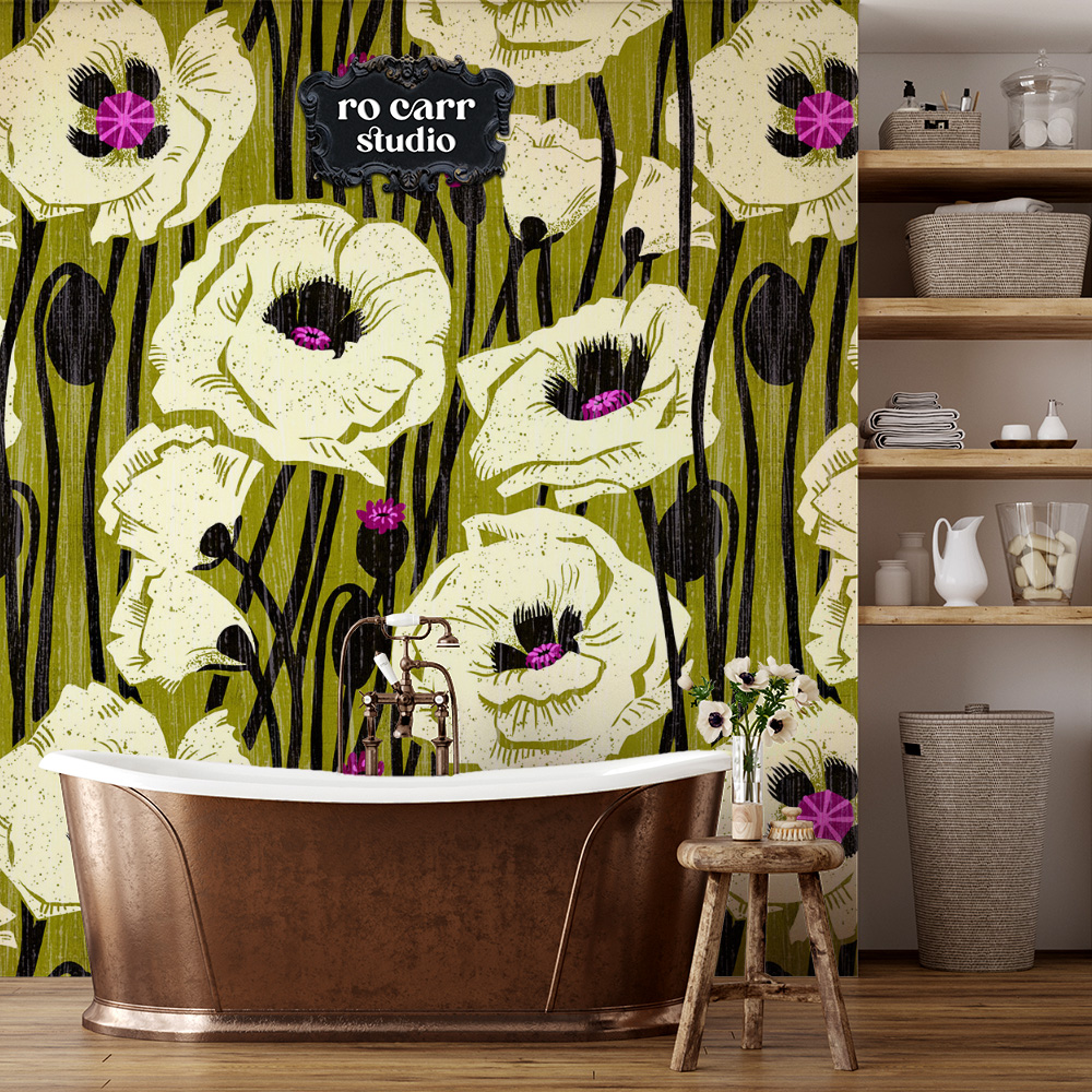Poppin' Poppies pattern shown as wallpaper in a cozy bathroom.