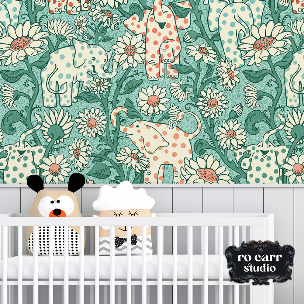 Wallpaper mockup featuring baby elephants garden in a nursery.