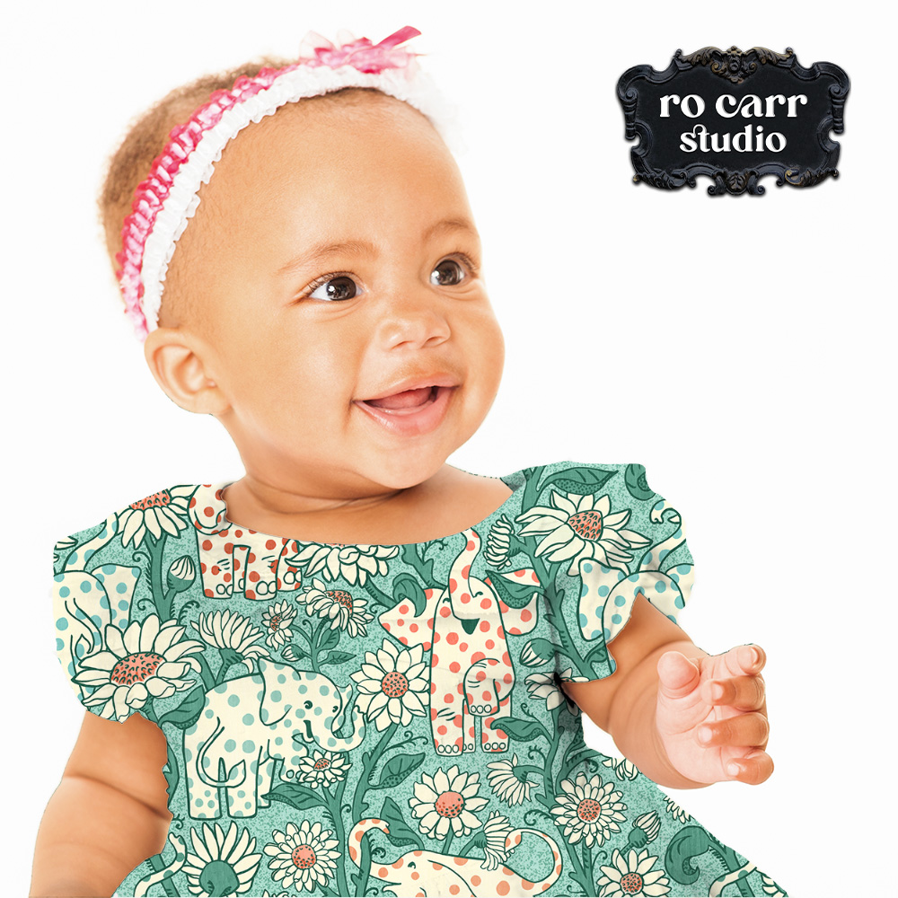 Mockup of baby clothes featuring baby elephants garden.
