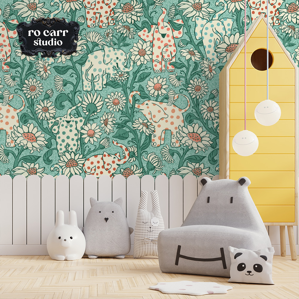 Wallpaper mockup featuring baby elephants garden in a nursery.