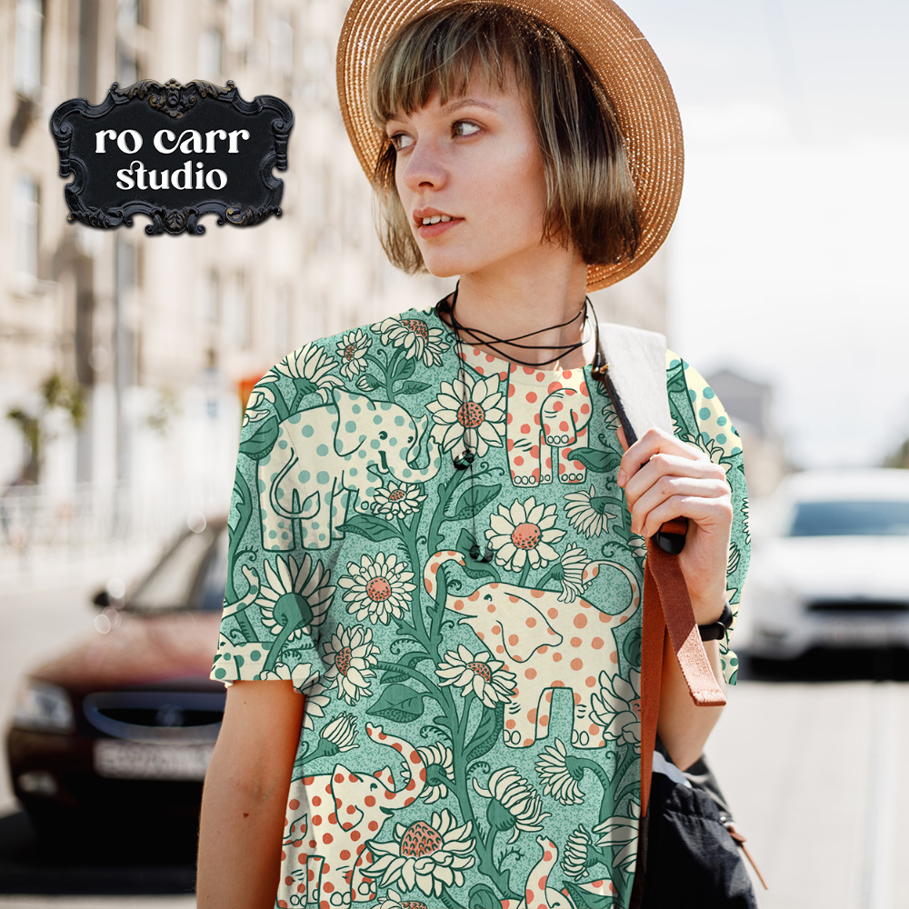 Mockup of woman's tee shirt featuring baby elephants garden.
