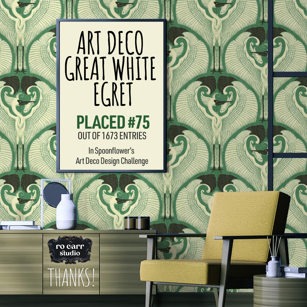Art Deco Great White Egret placed 75 out of 1673 entries in Spoonflower's Art Deco design challenge.