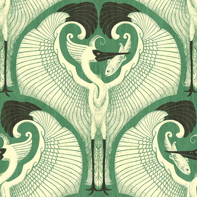 Repeating pattern featuring art deco style great white egret with a fish in it's beak.