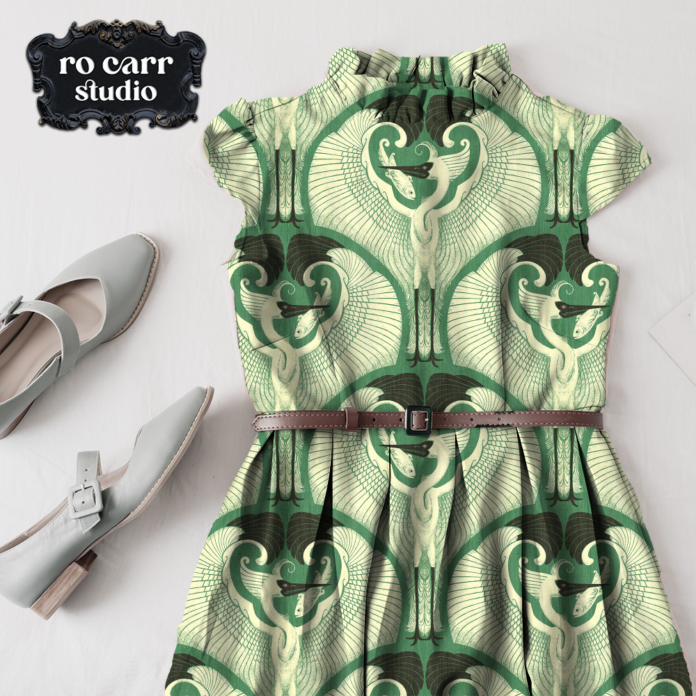 Layflat mockup dress with ruffles, printed with egret pattern on jade green.