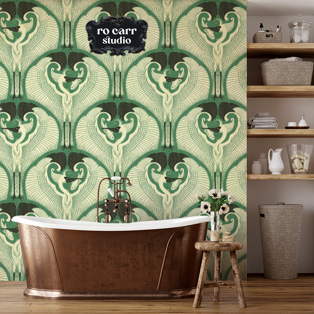 Wallpaper mockup of a modern bathroom with the great egret pattern.