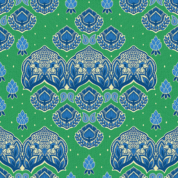 French Country Floral repeating pattern in kelly green and navy blue.