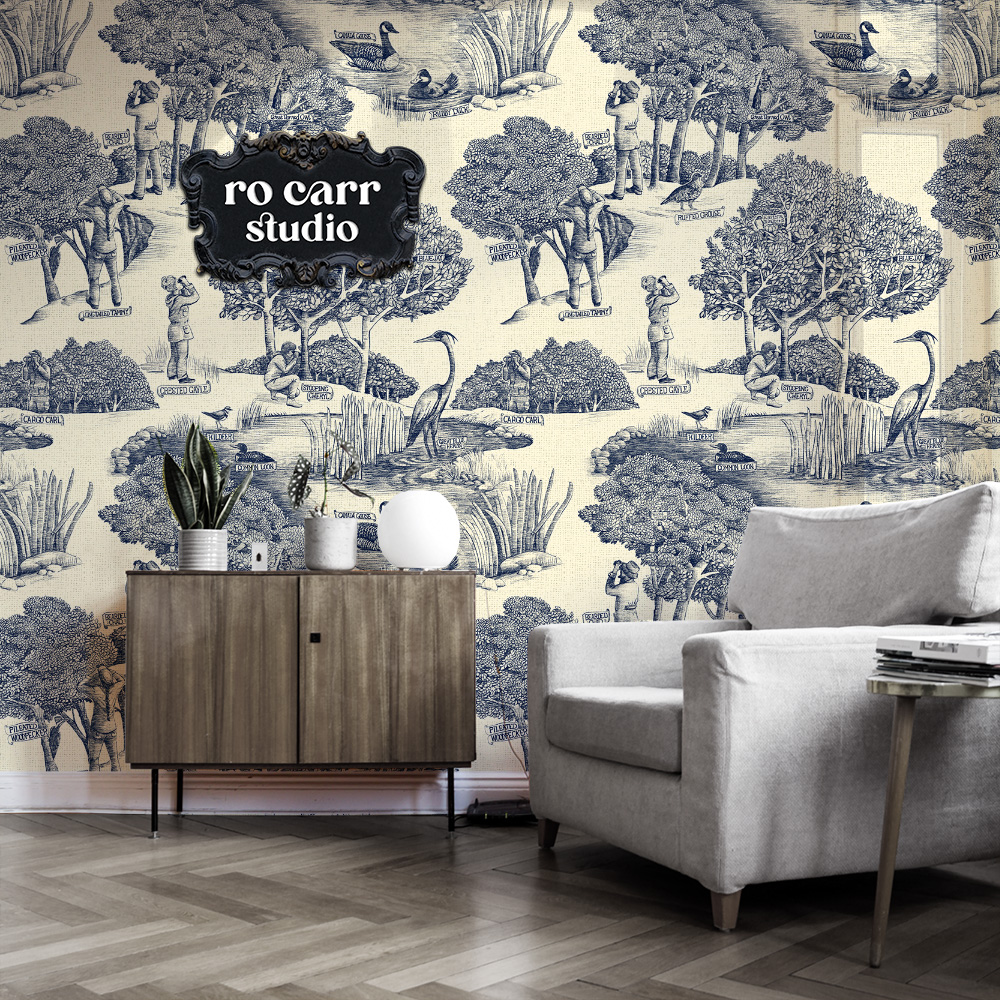 Toile de Jouy pattern with a birdwatching theme, shown in this mockup as wallpaper in a den.