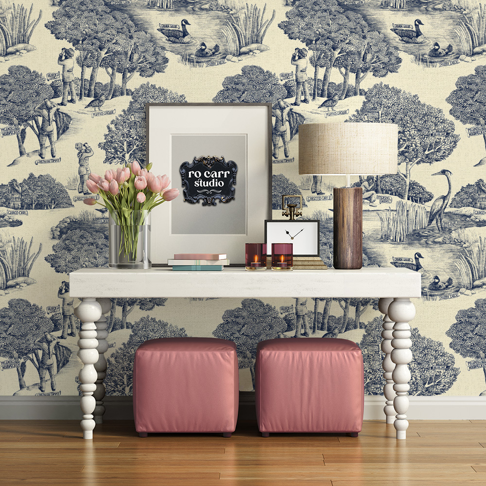 Toile de Jouy pattern with a birdwatching theme, shown in this mockup as wallpaper in a feminine foyer.