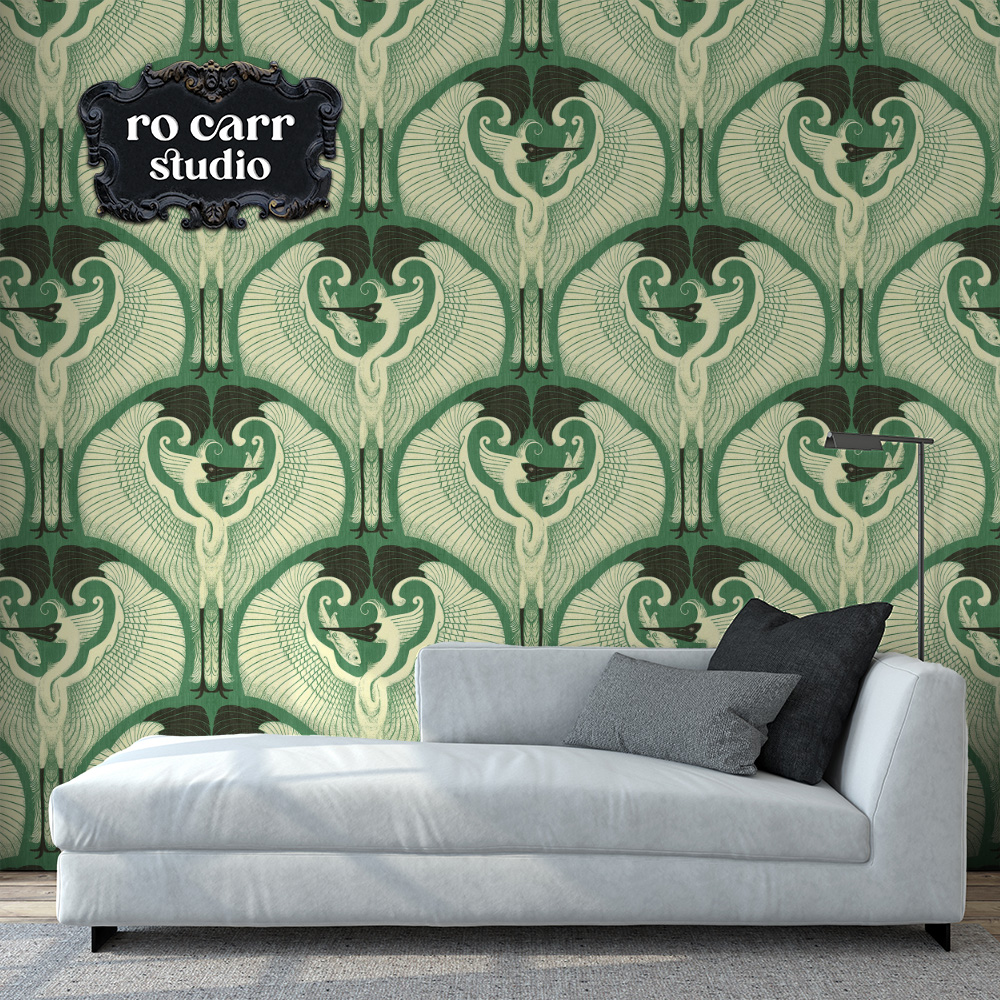 Mockup of art deco egret pattern in jade green, shown as wallpaper behind a chaise lounge.
