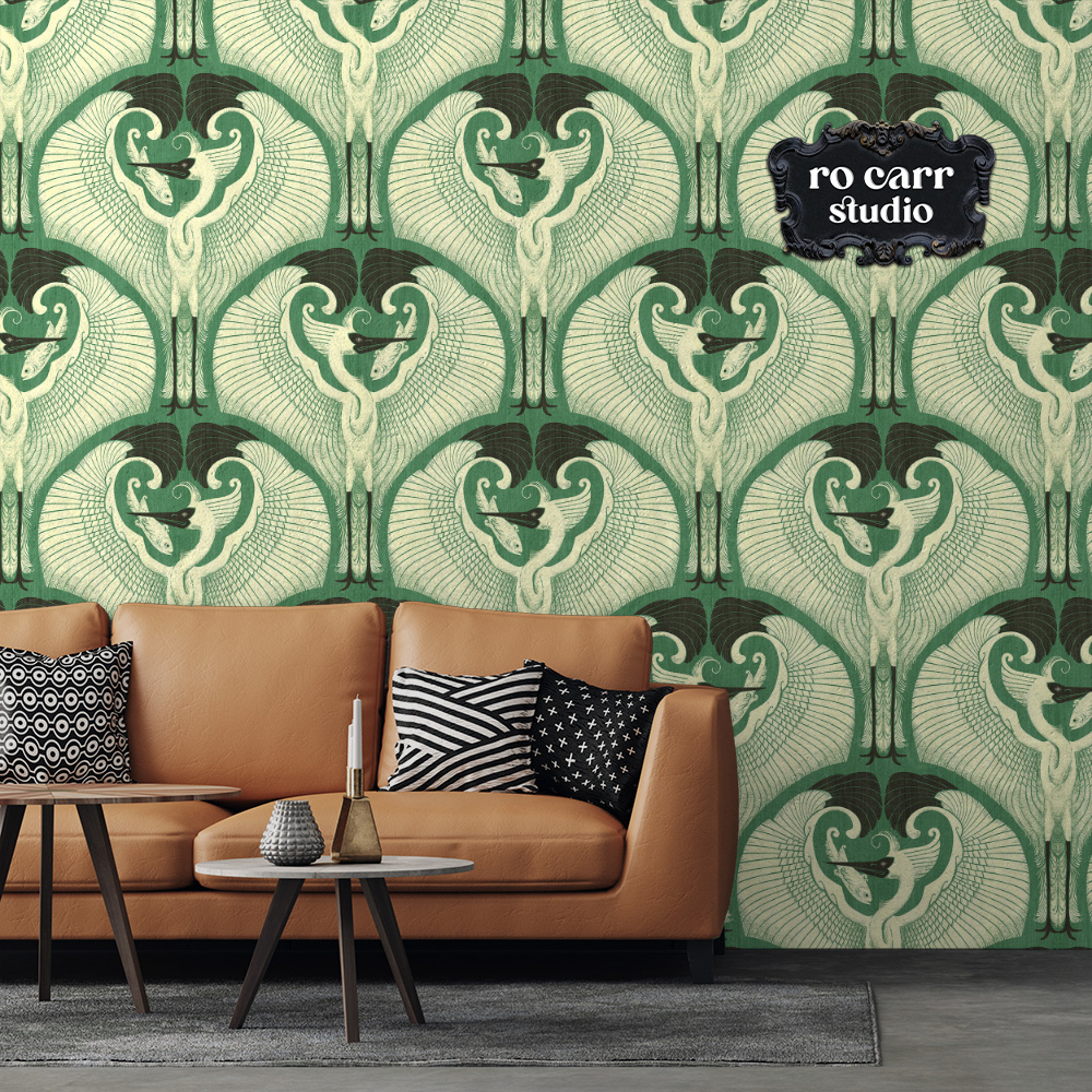 Wallpaper mockup of a sitting room with the great egret pattern.