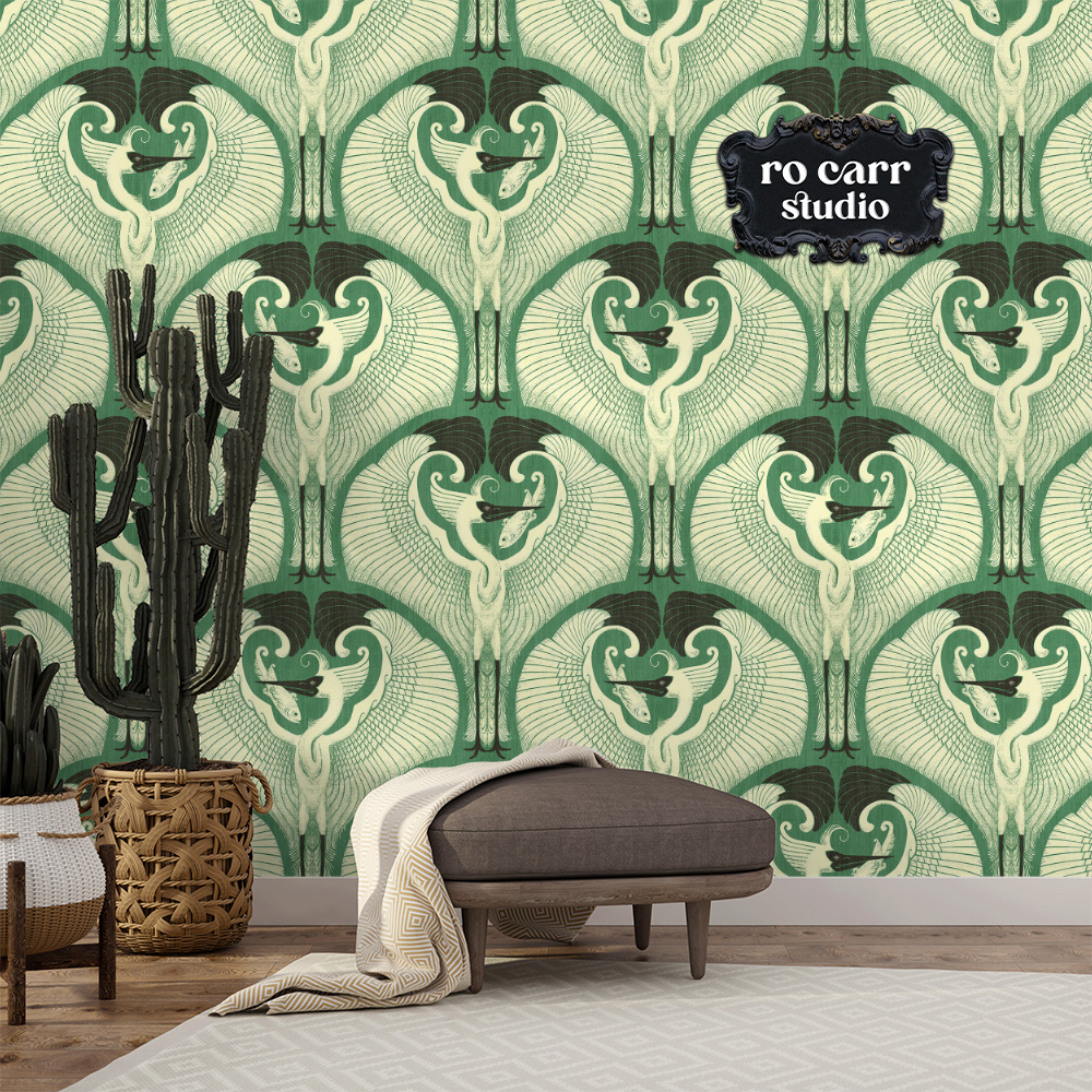 Wallpaper mockup of a casual lounge with the great egret pattern.