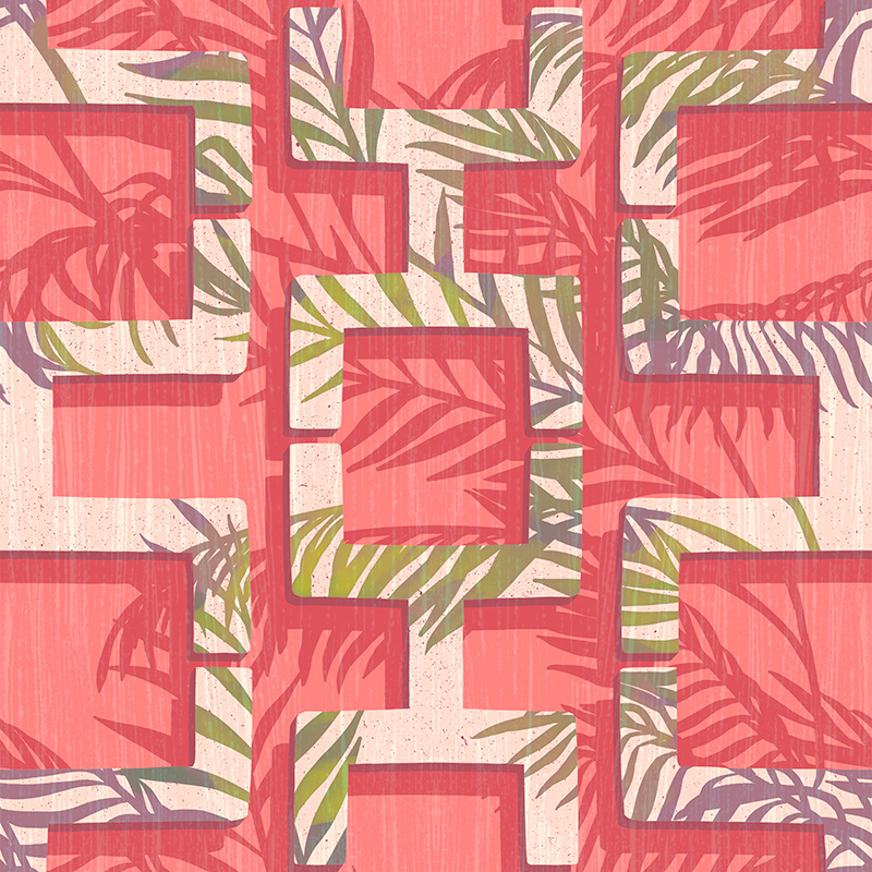 Repeating pattern mid century breeze block with palm tree shadows on a bright pink background.