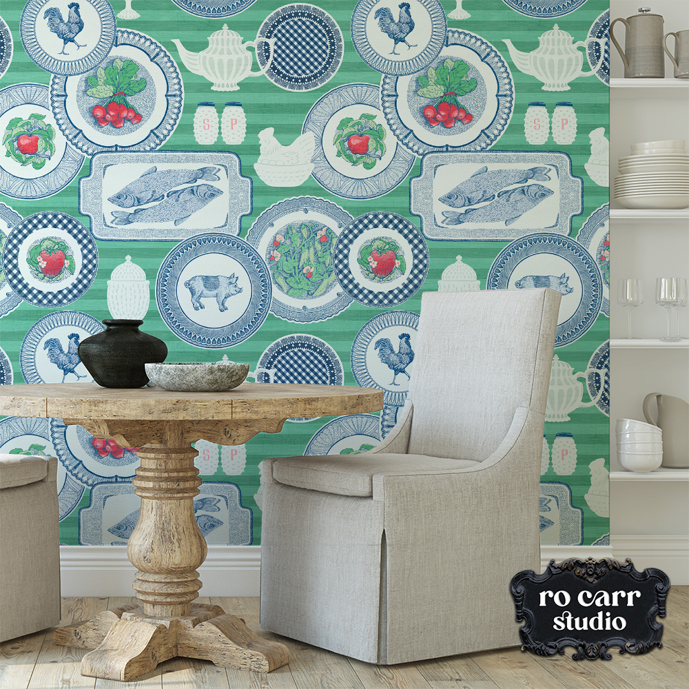 Wallpaper mockup of dining room scene featuring the collector plates pattern in green.