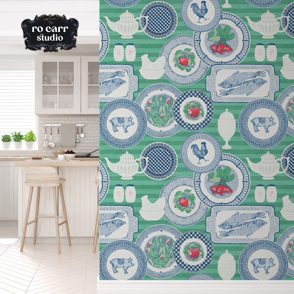 Wallpaper mockup of kitchen scene featuring the collector plates pattern in green.