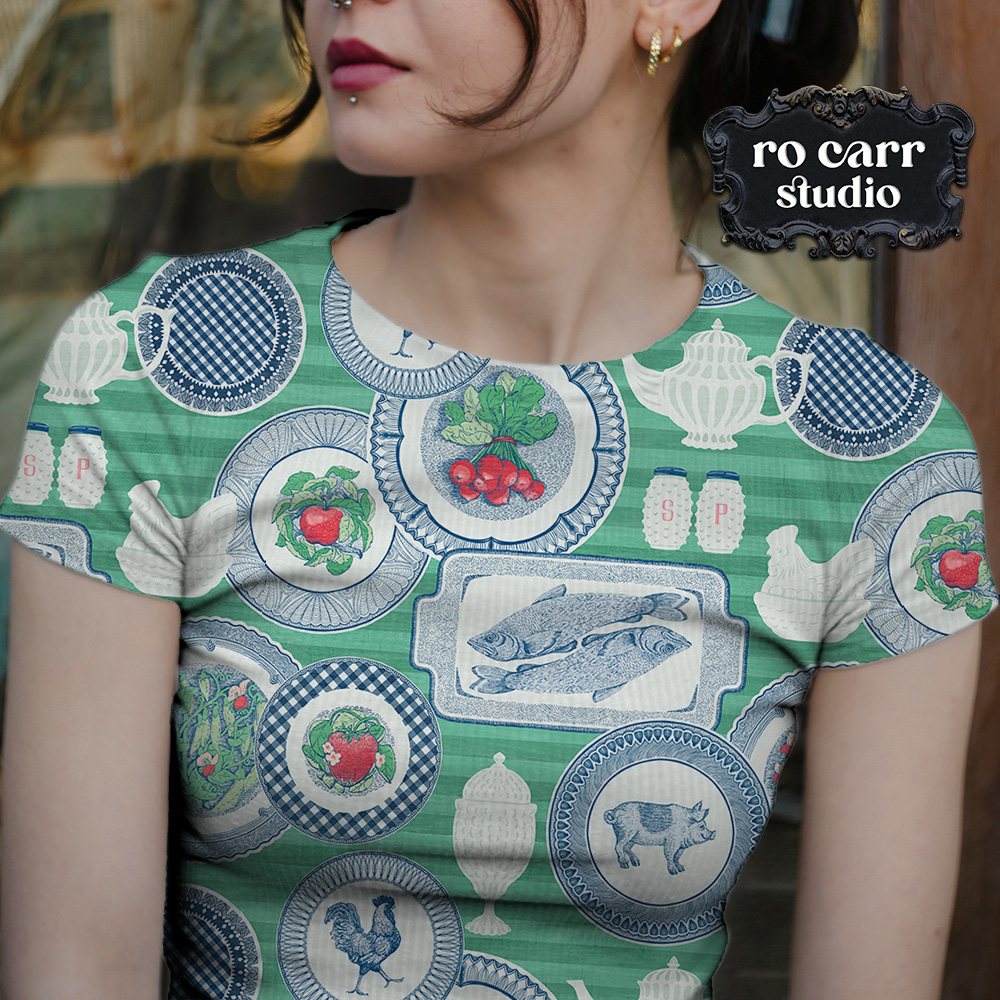 Mockup of woman wearing a fitted tee shirt printed with the featured design.