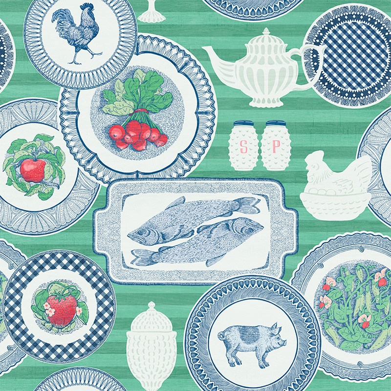Cottagecore style in a collection of vintage toile plates and milk glass on a striped green background.