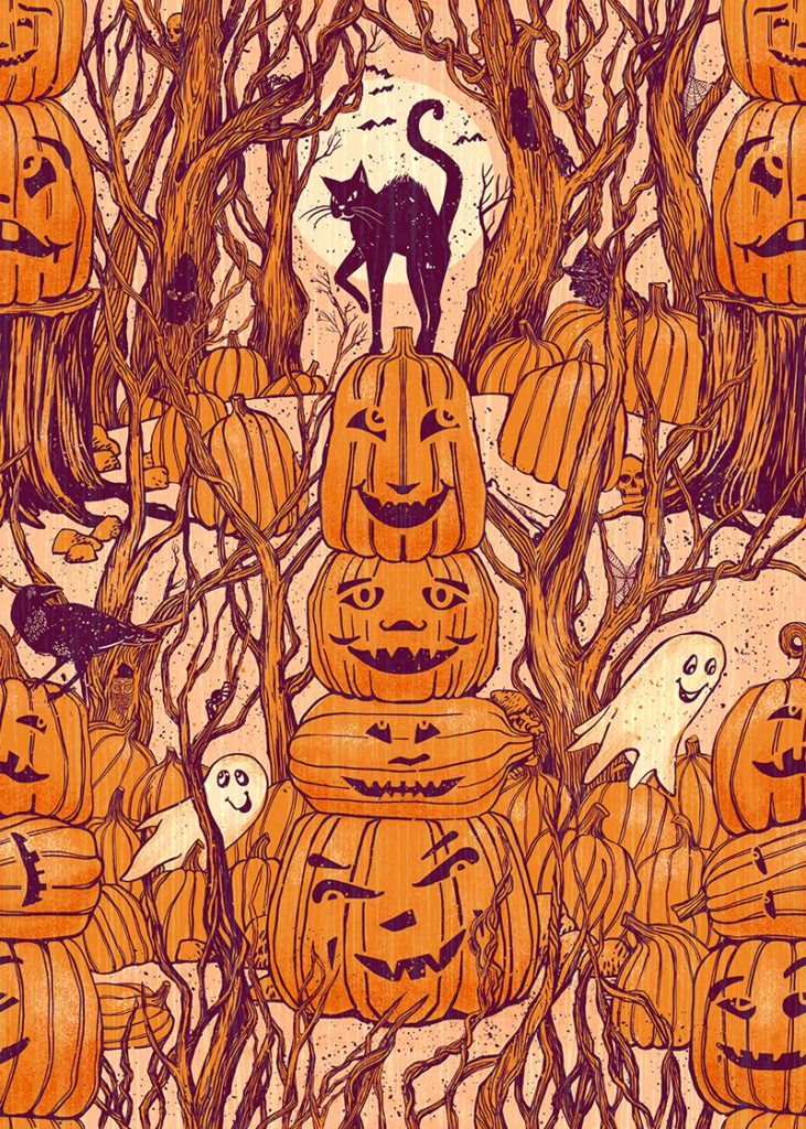 Hide-a-pic vintage halloween themed pattern featuring jack-o-lanterns in the woods with plenty of hidden scaries to find amongst the trees.