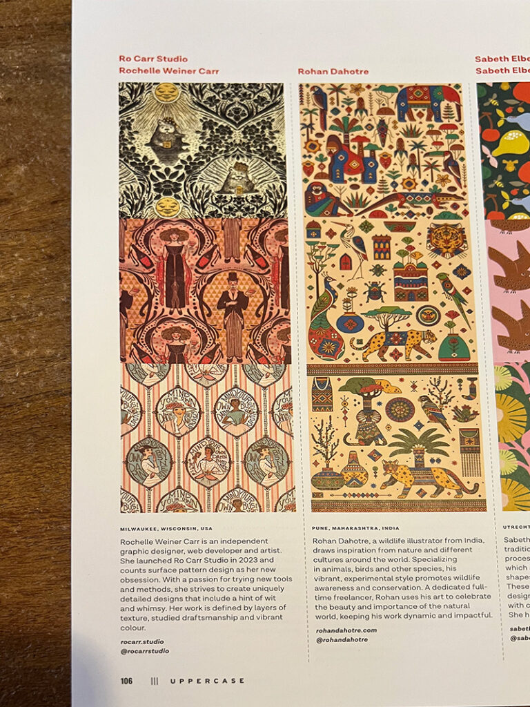 Close up of my feature, left column of page 106. Selected designs include #1 winner, Groundhog Day Damask, and two more of my popular designs, Belle Epoch, and Mind Your Own Damn Business.