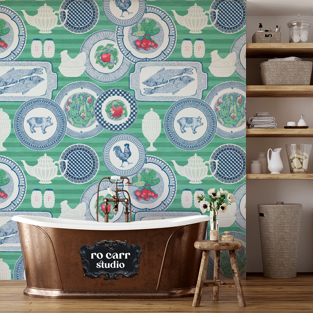 Wallpaper mockup of modern bathroom featuring the collector plates pattern in green.