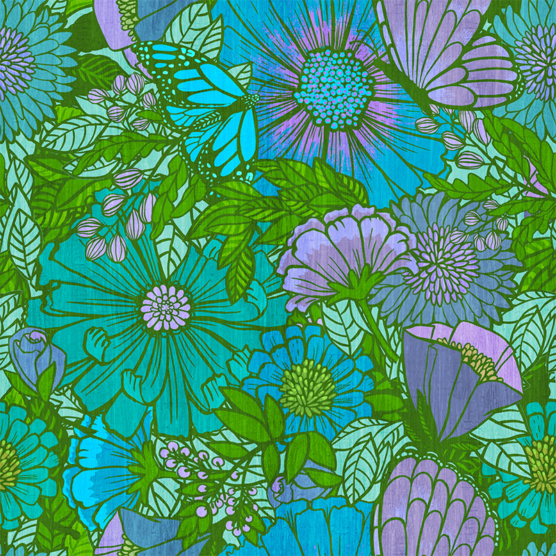 Complex 70s style crowded floral in vibrant blues, greens and purples.