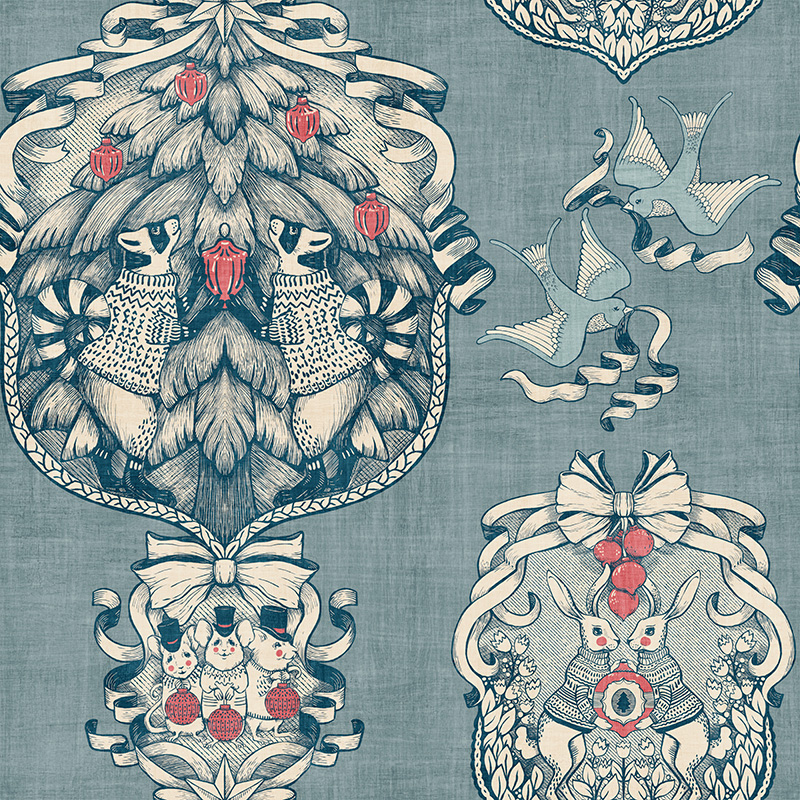 Victorian inspired toile de jouy pattern featuring christmas vignettes of forest animals decorating for the holidays, in denim blue.