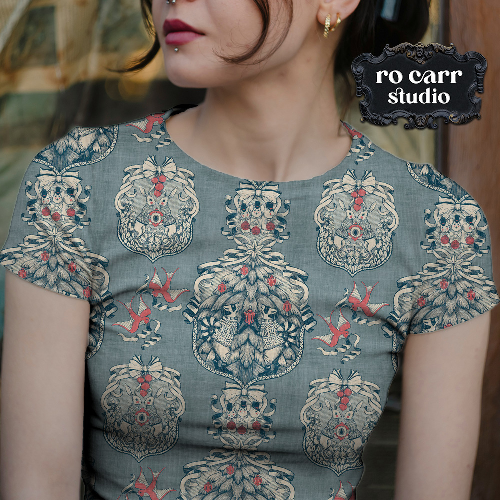 Young woman wearing a tee shirt, the fabric is the toile pattern.