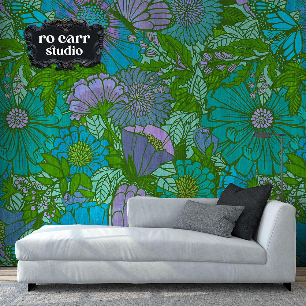 Sitting room with modern chaise in front of wallpapered wall showing the electric floral pattern.