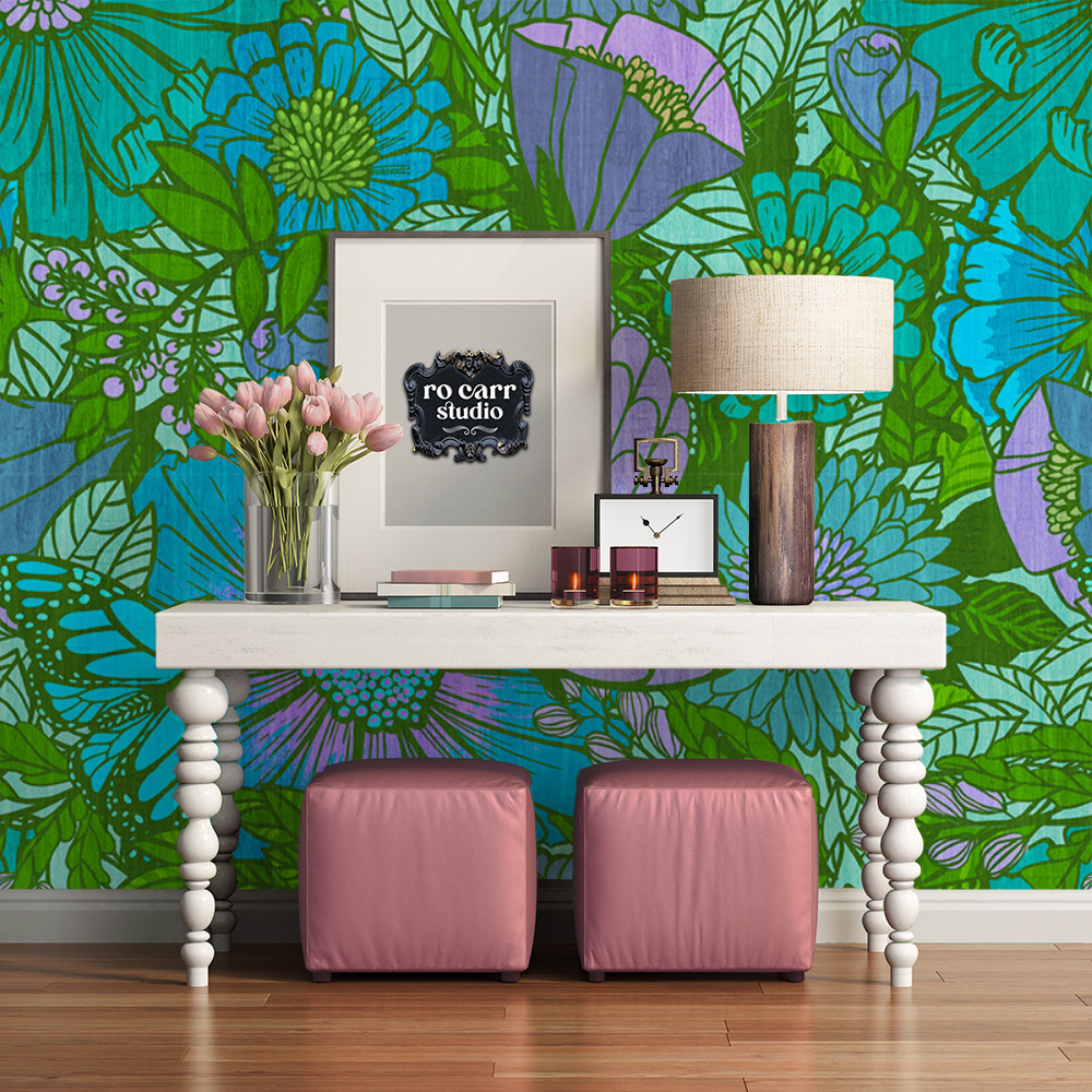 Pretty foyer scene showing the electric floral as wallpaper.