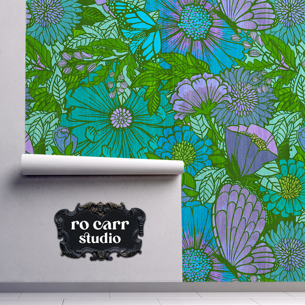 Wallpaper mockup showing the electric floral pattern.