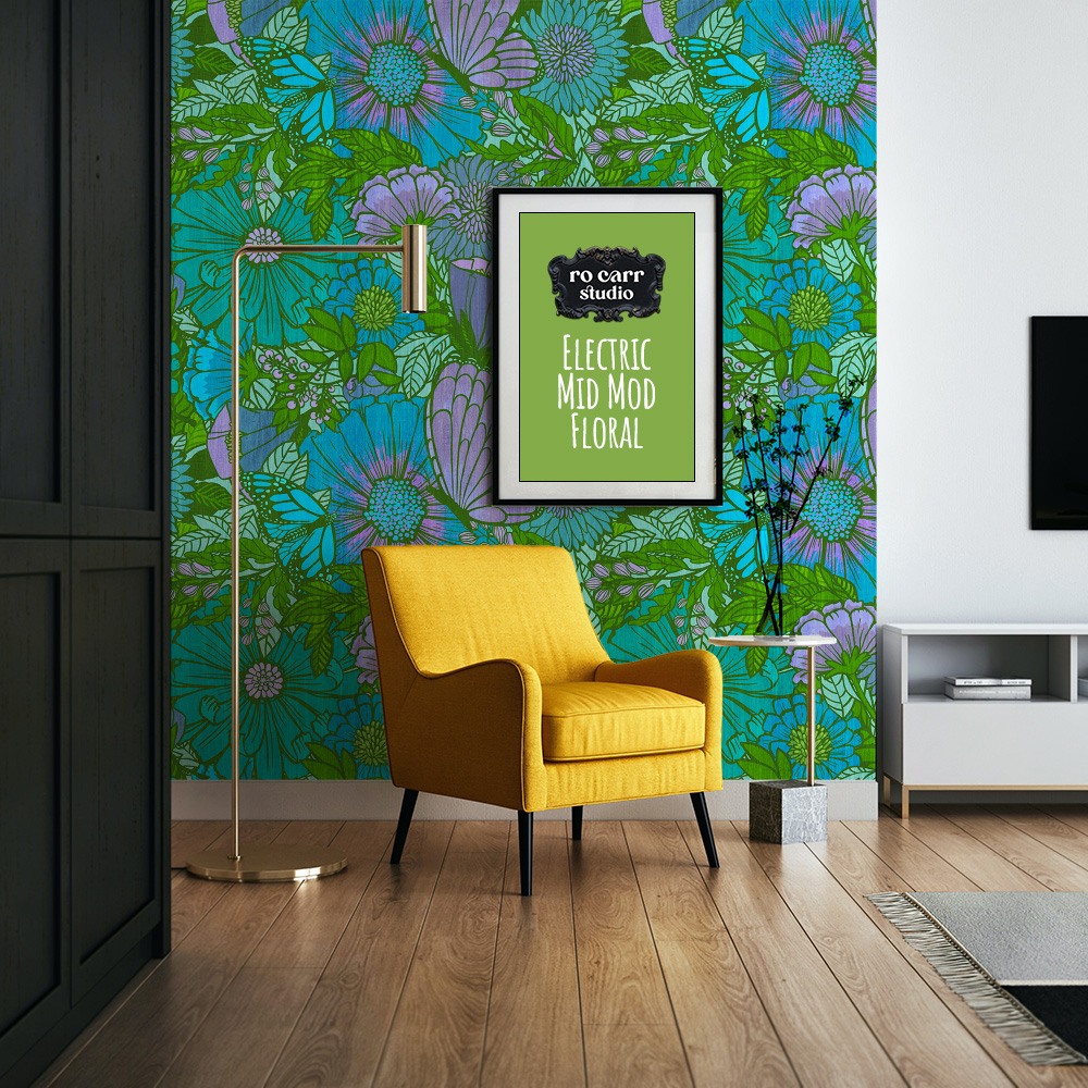 Modern living room with bright yellow chair in front of wallpaper mockup of the electric floral pattern.