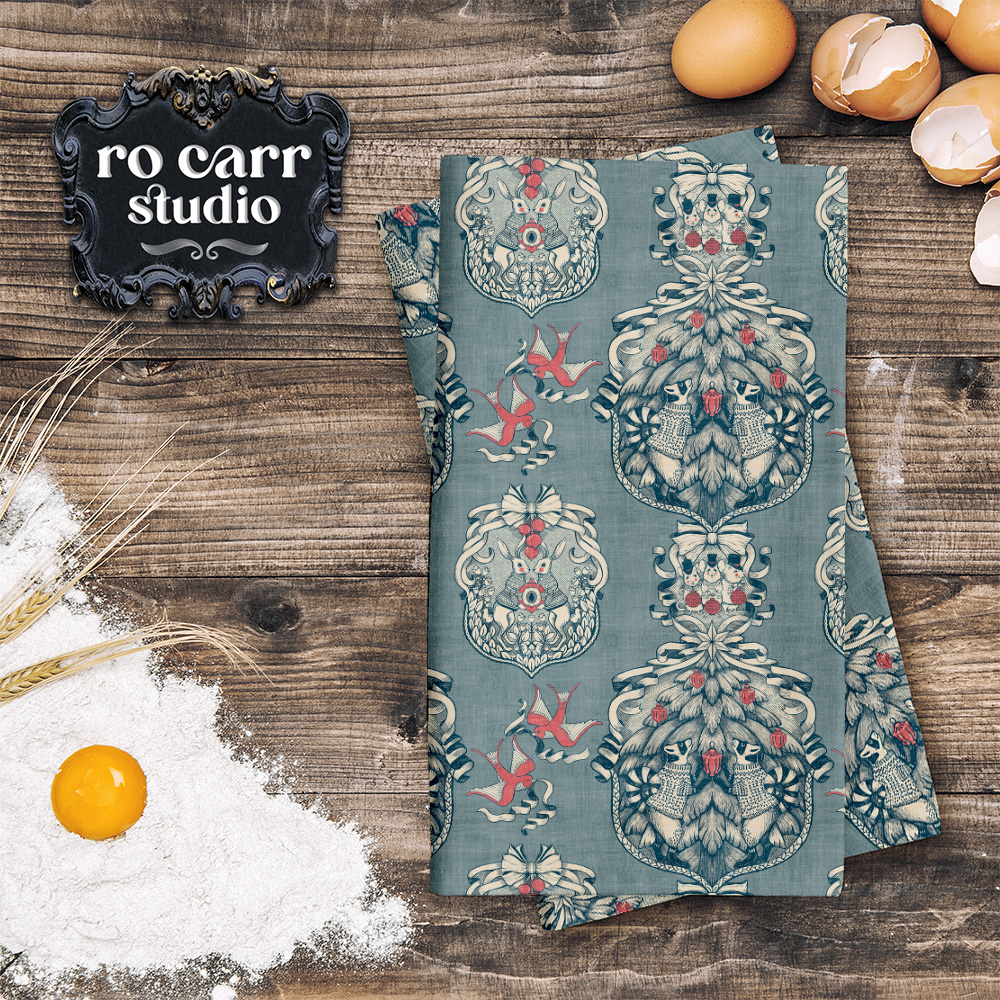 Toile pattern shown in a kitchen scene, mocked as cloth napkins.