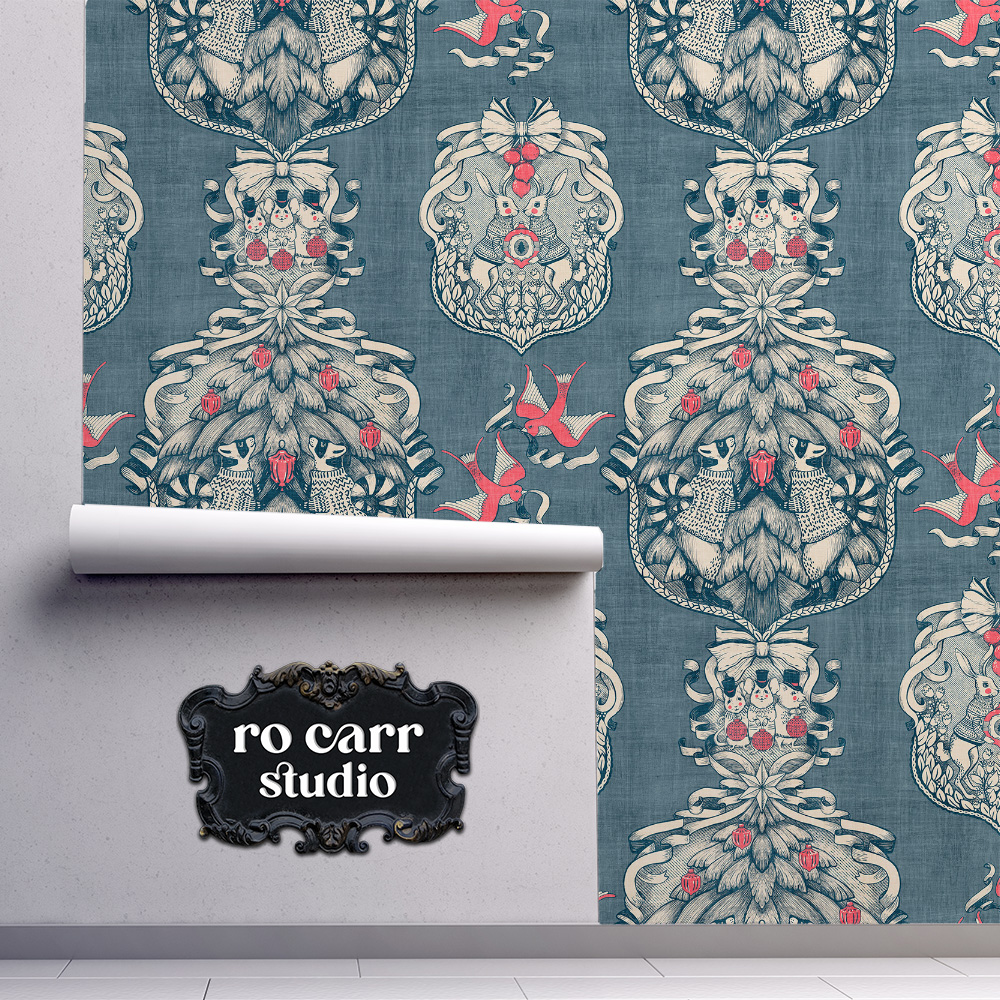 Wallpaper mockup showing the toile pattern.