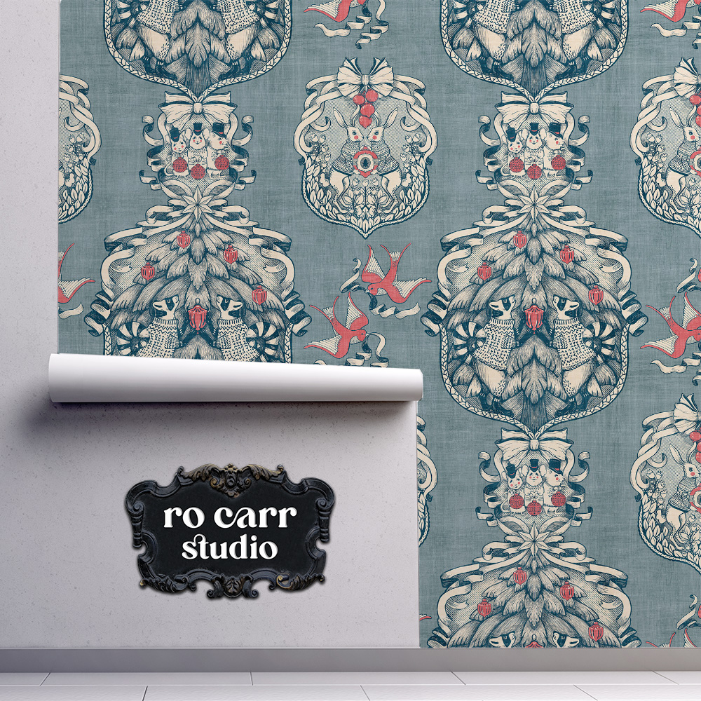 Wallpaper mockup showing the toile pattern.