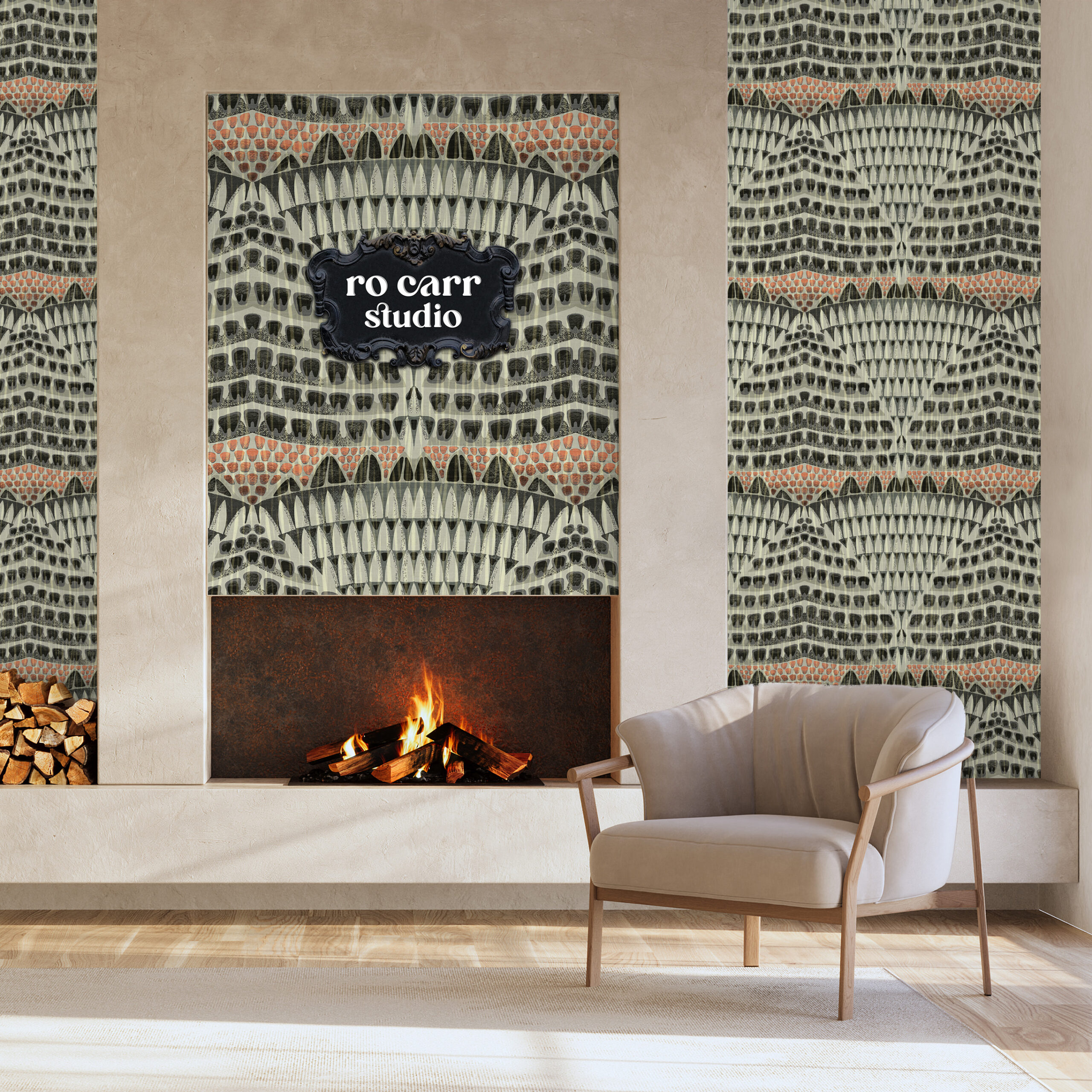 Wallpaper mockup of a modern living room and fireplace, showing the Armadillo pattern.